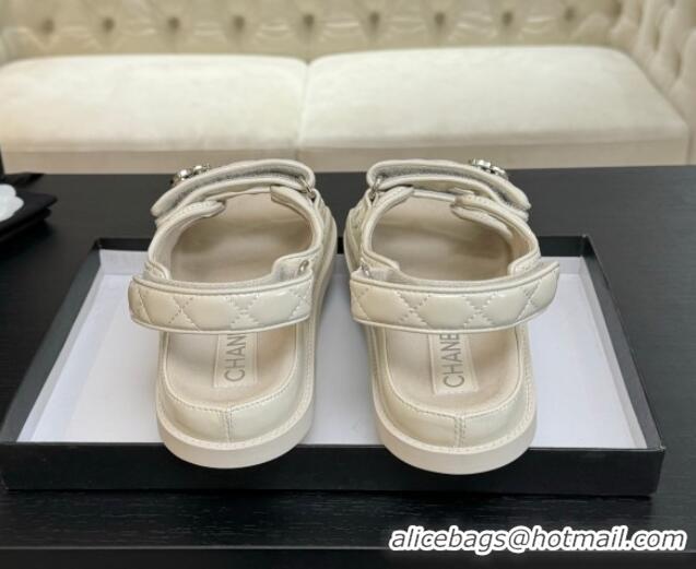 Pretty Style Chanel Patent Calfskin Flat Strap Sandals with Strass CC White 2025 CH041719