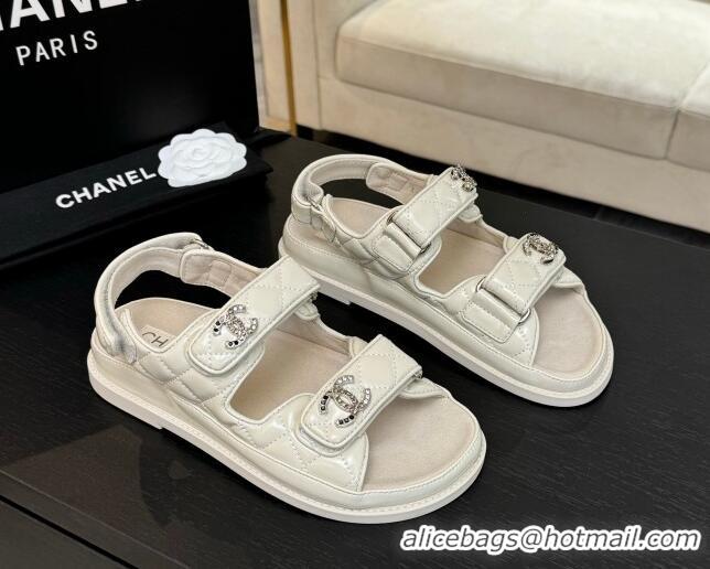 Pretty Style Chanel Patent Calfskin Flat Strap Sandals with Strass CC White 2025 CH041719