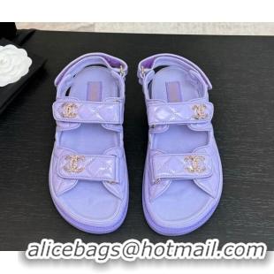 Top Grade Chanel Patent Calfskin Flat Strap Sandals with Strass CC Purple 2025 CH041719