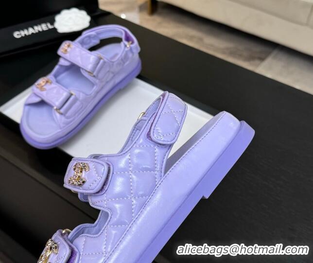 Top Grade Chanel Patent Calfskin Flat Strap Sandals with Strass CC Purple 2025 CH041719