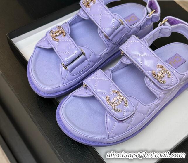Top Grade Chanel Patent Calfskin Flat Strap Sandals with Strass CC Purple 2025 CH041719