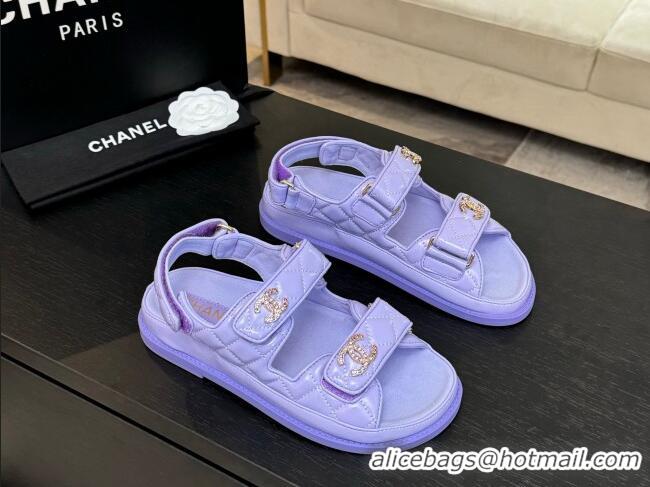 Top Grade Chanel Patent Calfskin Flat Strap Sandals with Strass CC Purple 2025 CH041719