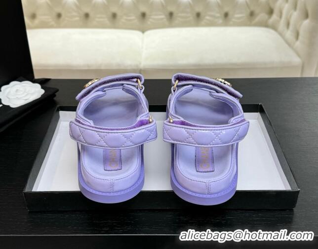 Top Grade Chanel Patent Calfskin Flat Strap Sandals with Strass CC Purple 2025 CH041719