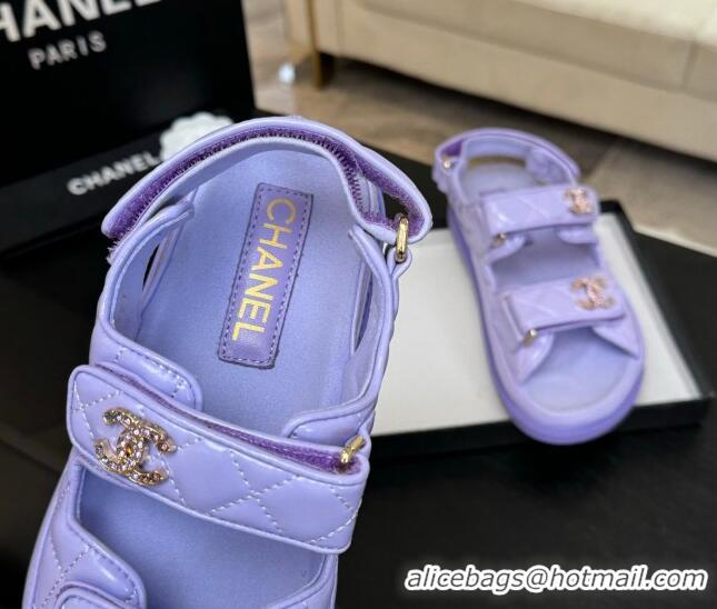 Top Grade Chanel Patent Calfskin Flat Strap Sandals with Strass CC Purple 2025 CH041719