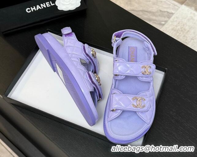 Top Grade Chanel Patent Calfskin Flat Strap Sandals with Strass CC Purple 2025 CH041719