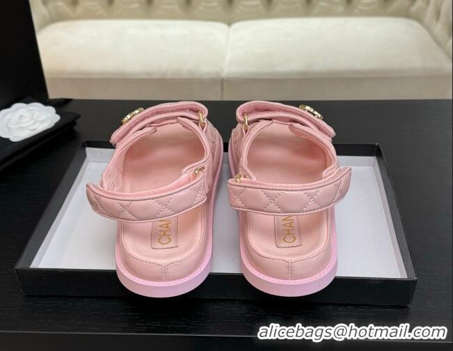 Top Design Chanel Patent Calfskin Flat Strap Sandals with Strass CC Light Pink 2025 CH041719