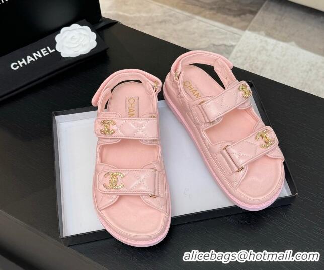 Top Design Chanel Patent Calfskin Flat Strap Sandals with Strass CC Light Pink 2025 CH041719