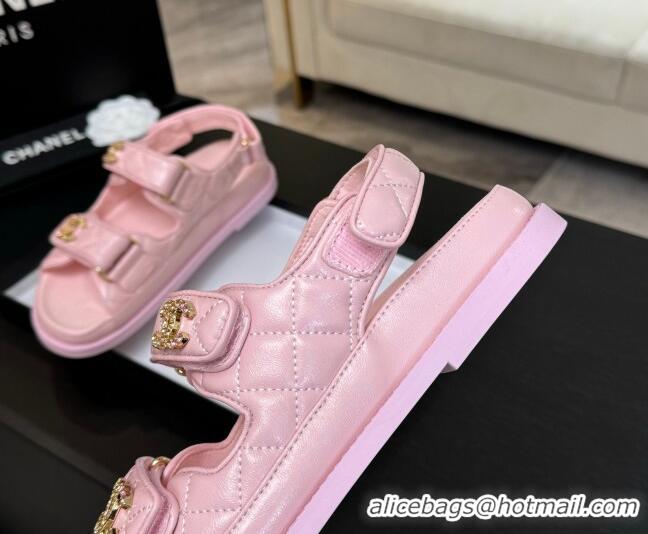 Top Design Chanel Patent Calfskin Flat Strap Sandals with Strass CC Light Pink 2025 CH041719