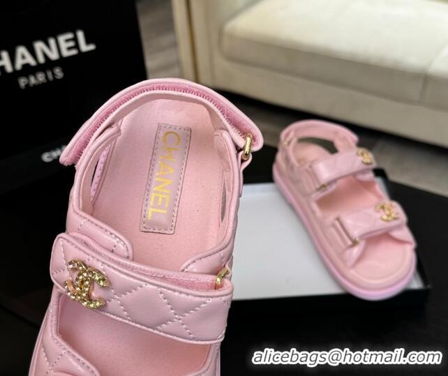 Top Design Chanel Patent Calfskin Flat Strap Sandals with Strass CC Light Pink 2025 CH041719