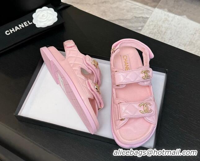 Top Design Chanel Patent Calfskin Flat Strap Sandals with Strass CC Light Pink 2025 CH041719