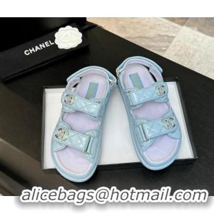 Durable Chanel Patent Calfskin Flat Strap Sandals with Strass CC Light Blue 2025 CH041719