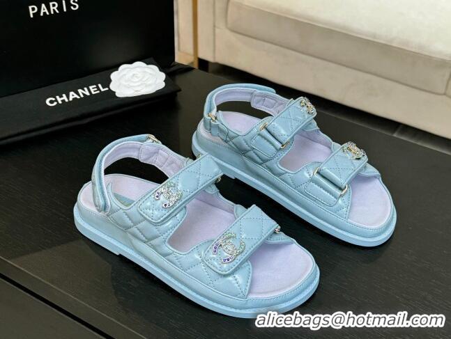 Durable Chanel Patent Calfskin Flat Strap Sandals with Strass CC Light Blue 2025 CH041719