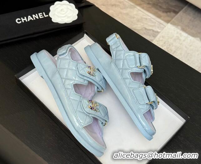 Durable Chanel Patent Calfskin Flat Strap Sandals with Strass CC Light Blue 2025 CH041719