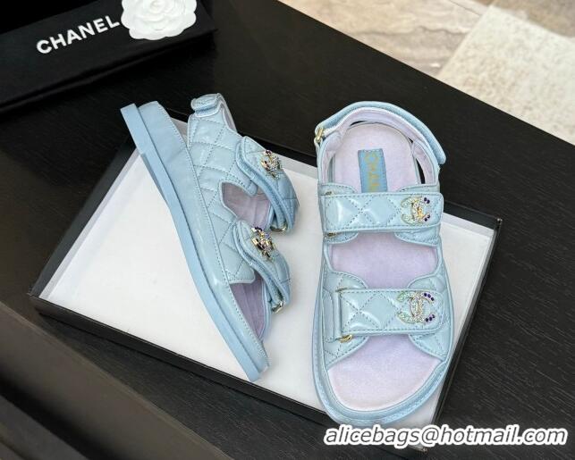 Durable Chanel Patent Calfskin Flat Strap Sandals with Strass CC Light Blue 2025 CH041719
