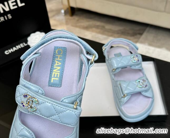 Durable Chanel Patent Calfskin Flat Strap Sandals with Strass CC Light Blue 2025 CH041719