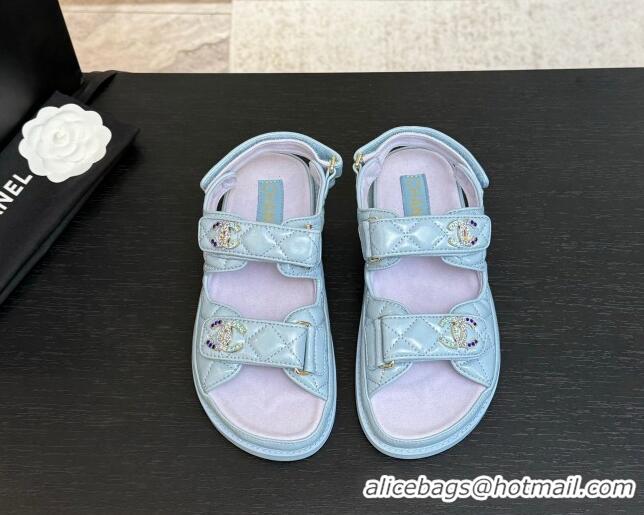Durable Chanel Patent Calfskin Flat Strap Sandals with Strass CC Light Blue 2025 CH041719