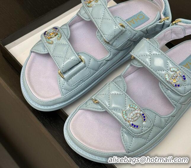 Durable Chanel Patent Calfskin Flat Strap Sandals with Strass CC Light Blue 2025 CH041719