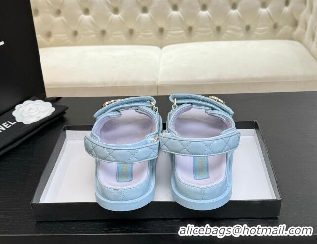 Durable Chanel Patent Calfskin Flat Strap Sandals with Strass CC Light Blue 2025 CH041719