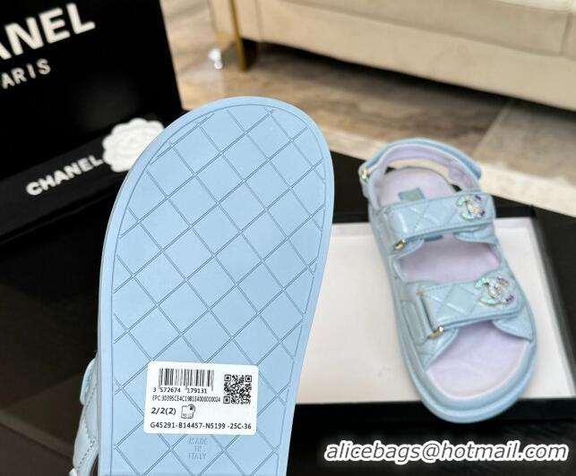 Durable Chanel Patent Calfskin Flat Strap Sandals with Strass CC Light Blue 2025 CH041719