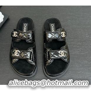 Good Quality Chanel Patent Calfskin Flat Strap Slides Sandal with Strass CC Black 2025 CH041719