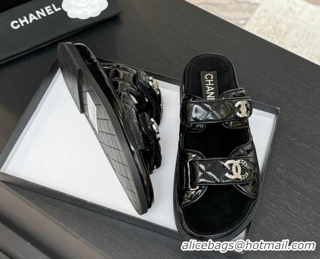 Good Quality Chanel Patent Calfskin Flat Strap Slides Sandal with Strass CC Black 2025 CH041719