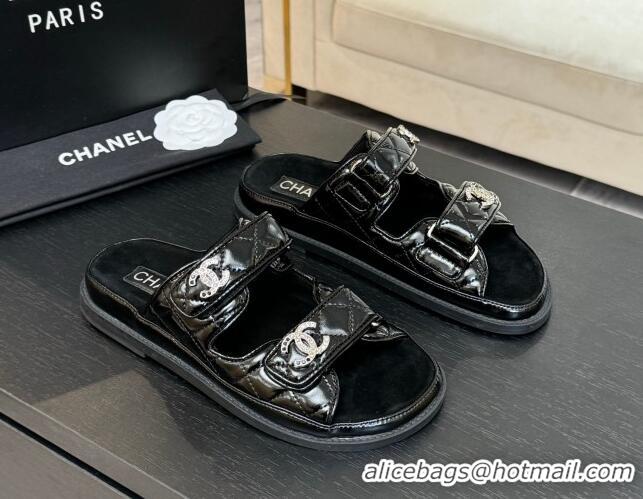 Good Quality Chanel Patent Calfskin Flat Strap Slides Sandal with Strass CC Black 2025 CH041719