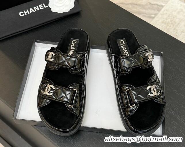 Good Quality Chanel Patent Calfskin Flat Strap Slides Sandal with Strass CC Black 2025 CH041719