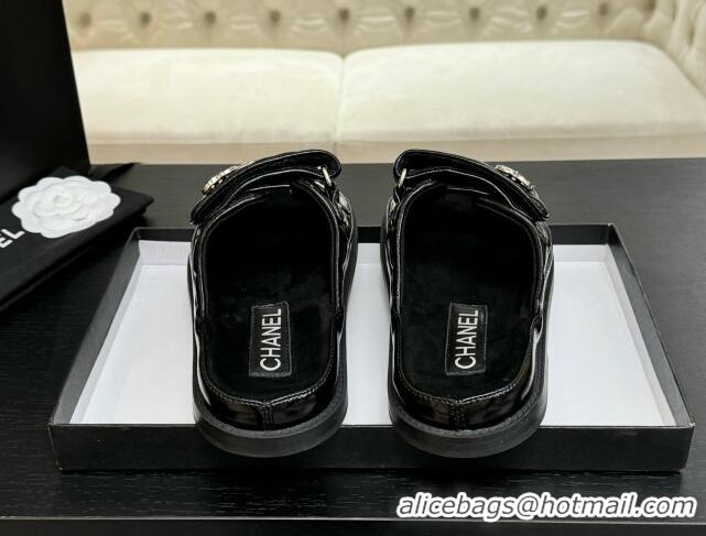 Good Quality Chanel Patent Calfskin Flat Strap Slides Sandal with Strass CC Black 2025 CH041719