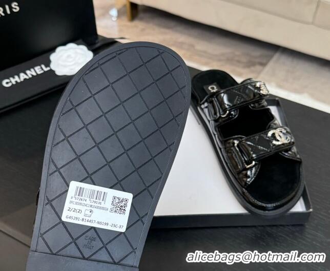 Good Quality Chanel Patent Calfskin Flat Strap Slides Sandal with Strass CC Black 2025 CH041719