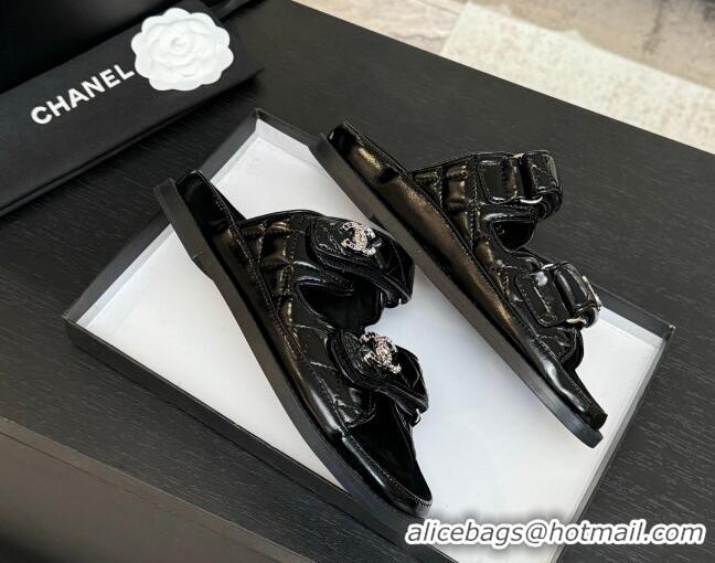 Good Quality Chanel Patent Calfskin Flat Strap Slides Sandal with Strass CC Black 2025 CH041719