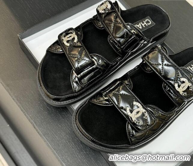 Good Quality Chanel Patent Calfskin Flat Strap Slides Sandal with Strass CC Black 2025 CH041719