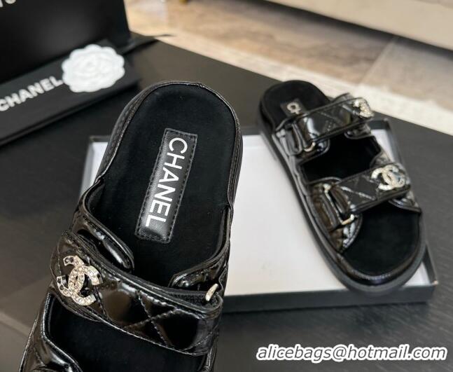 Good Quality Chanel Patent Calfskin Flat Strap Slides Sandal with Strass CC Black 2025 CH041719