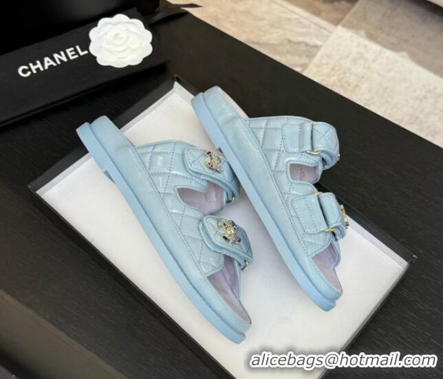 Lowest Price Chanel Patent Calfskin Flat Strap Slides Sandal with Strass CC Light Blue 2025 CH041719