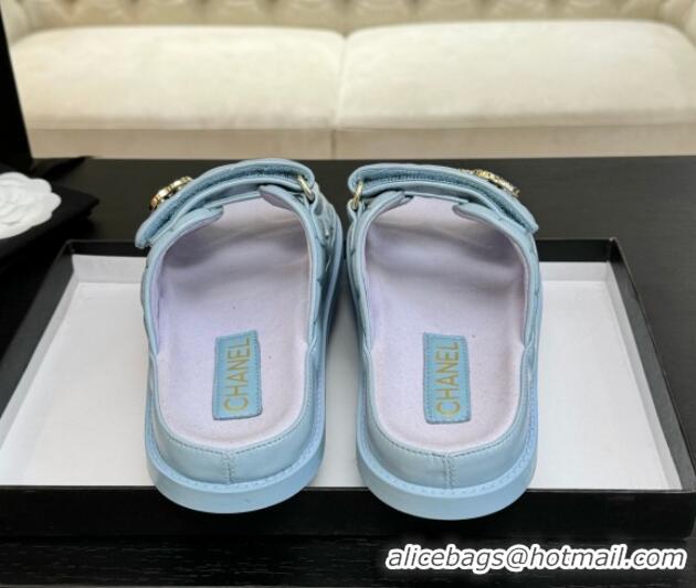 Lowest Price Chanel Patent Calfskin Flat Strap Slides Sandal with Strass CC Light Blue 2025 CH041719