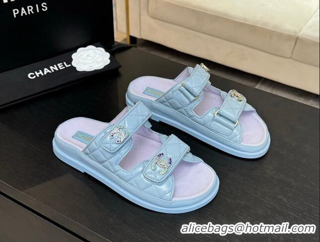 Lowest Price Chanel Patent Calfskin Flat Strap Slides Sandal with Strass CC Light Blue 2025 CH041719