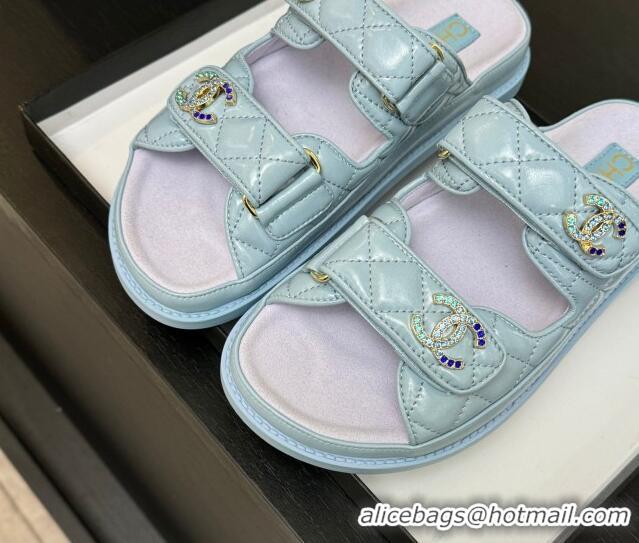 Lowest Price Chanel Patent Calfskin Flat Strap Slides Sandal with Strass CC Light Blue 2025 CH041719