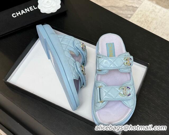 Lowest Price Chanel Patent Calfskin Flat Strap Slides Sandal with Strass CC Light Blue 2025 CH041719