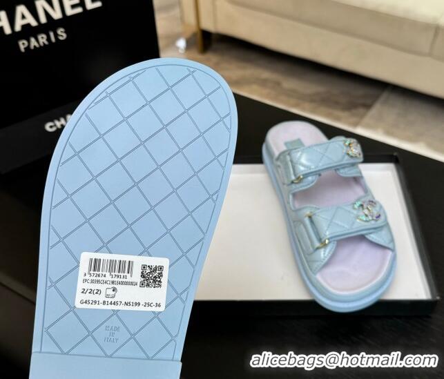 Lowest Price Chanel Patent Calfskin Flat Strap Slides Sandal with Strass CC Light Blue 2025 CH041719
