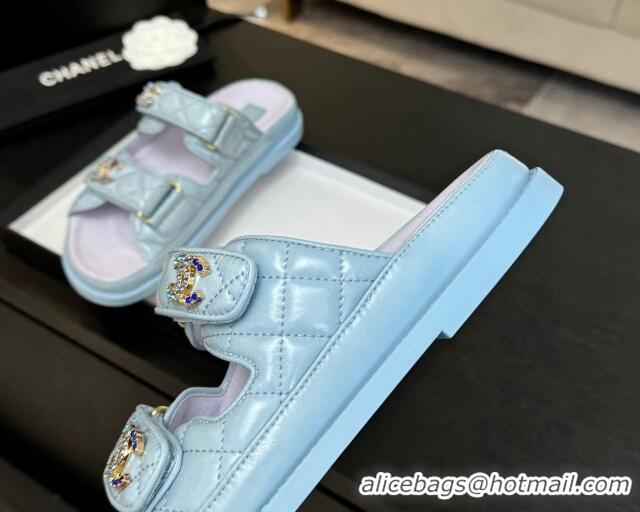 Lowest Price Chanel Patent Calfskin Flat Strap Slides Sandal with Strass CC Light Blue 2025 CH041719