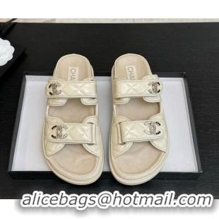 Sumptuous Chanel Patent Calfskin Flat Strap Slides Sandal with Strass CC Light Beige 2025 CH041719
