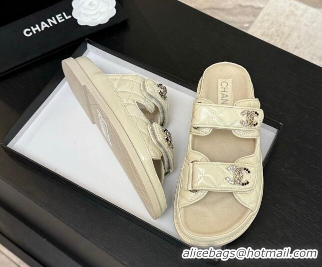Sumptuous Chanel Patent Calfskin Flat Strap Slides Sandal with Strass CC Light Beige 2025 CH041719