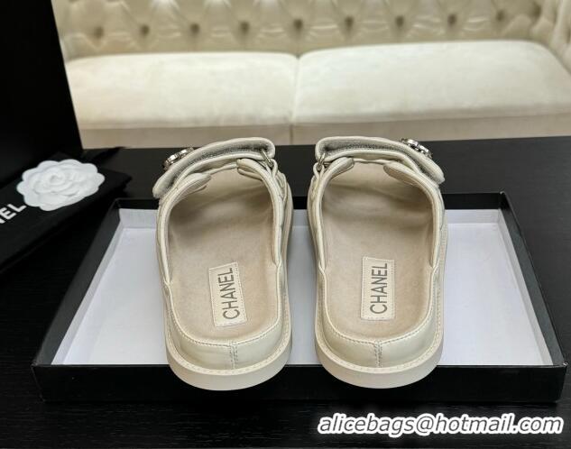 Sumptuous Chanel Patent Calfskin Flat Strap Slides Sandal with Strass CC Light Beige 2025 CH041719