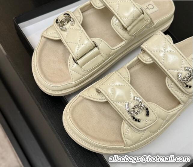 Sumptuous Chanel Patent Calfskin Flat Strap Slides Sandal with Strass CC Light Beige 2025 CH041719