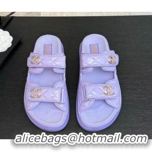 Duplicate Chanel Patent Calfskin Flat Strap Slides Sandal with Strass CC Purple 2025 CH041719