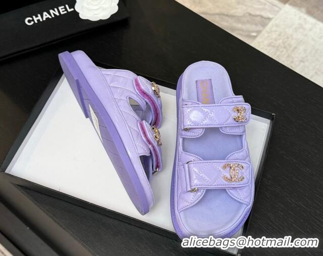 Duplicate Chanel Patent Calfskin Flat Strap Slides Sandal with Strass CC Purple 2025 CH041719