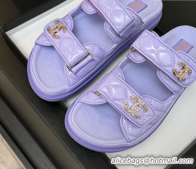 Duplicate Chanel Patent Calfskin Flat Strap Slides Sandal with Strass CC Purple 2025 CH041719