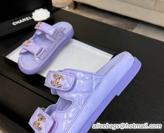 Duplicate Chanel Patent Calfskin Flat Strap Slides Sandal with Strass CC Purple 2025 CH041719