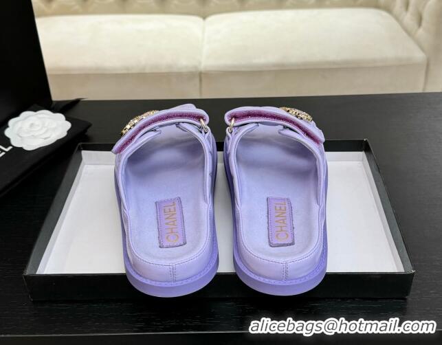 Duplicate Chanel Patent Calfskin Flat Strap Slides Sandal with Strass CC Purple 2025 CH041719