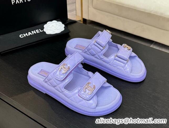 Duplicate Chanel Patent Calfskin Flat Strap Slides Sandal with Strass CC Purple 2025 CH041719