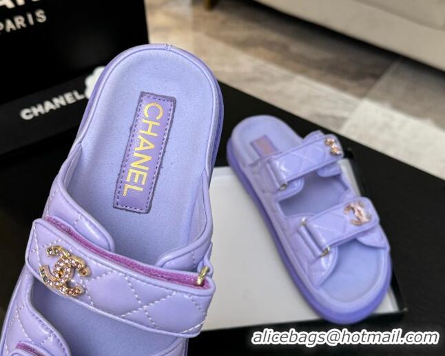 Duplicate Chanel Patent Calfskin Flat Strap Slides Sandal with Strass CC Purple 2025 CH041719